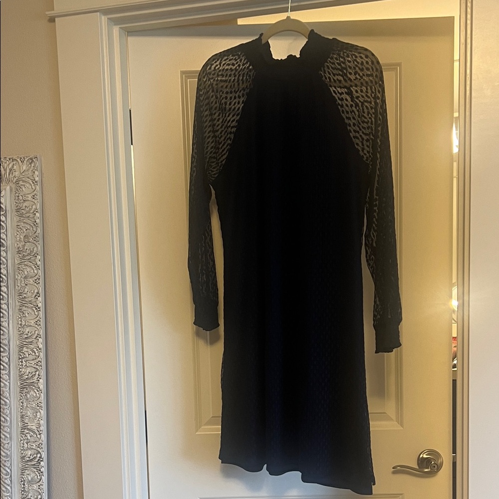 Nina Leonard Navy Blue Long Sleeve Knit Dress with Lace overlay